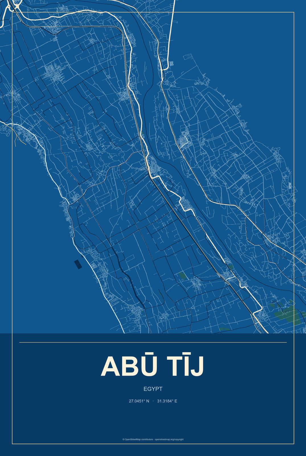 Abū Tīj, Egypt City Map Aluminum Sign in Harbor Cobalt style