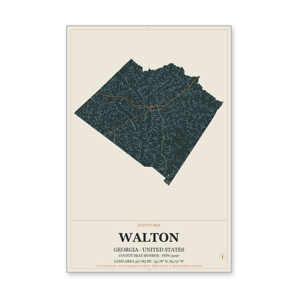 Walton County, Georgia Map Aluminum Sign in Headline Atlas style
