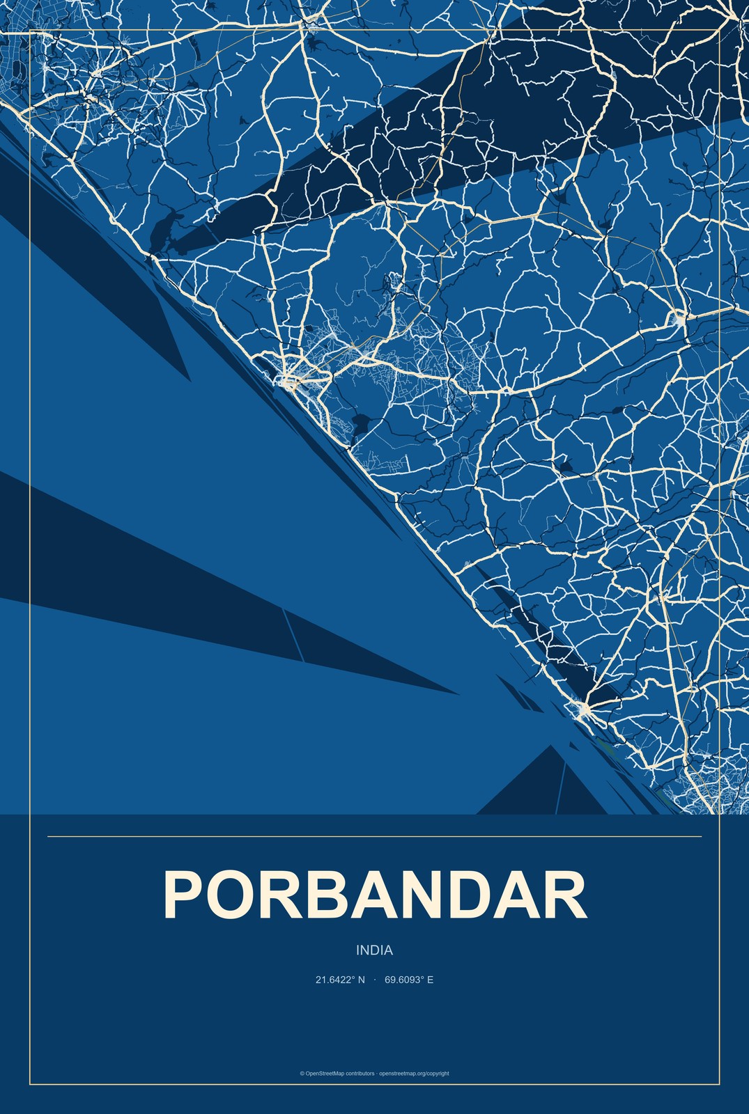 Porbandar, India City Map Aluminum Sign in Harbor Cobalt style