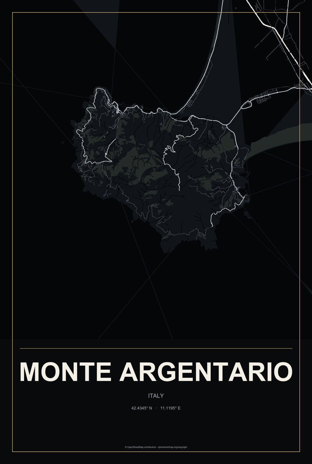 Monte Argentario, Italy City Map Aluminum Sign in Metropolitan Noir style