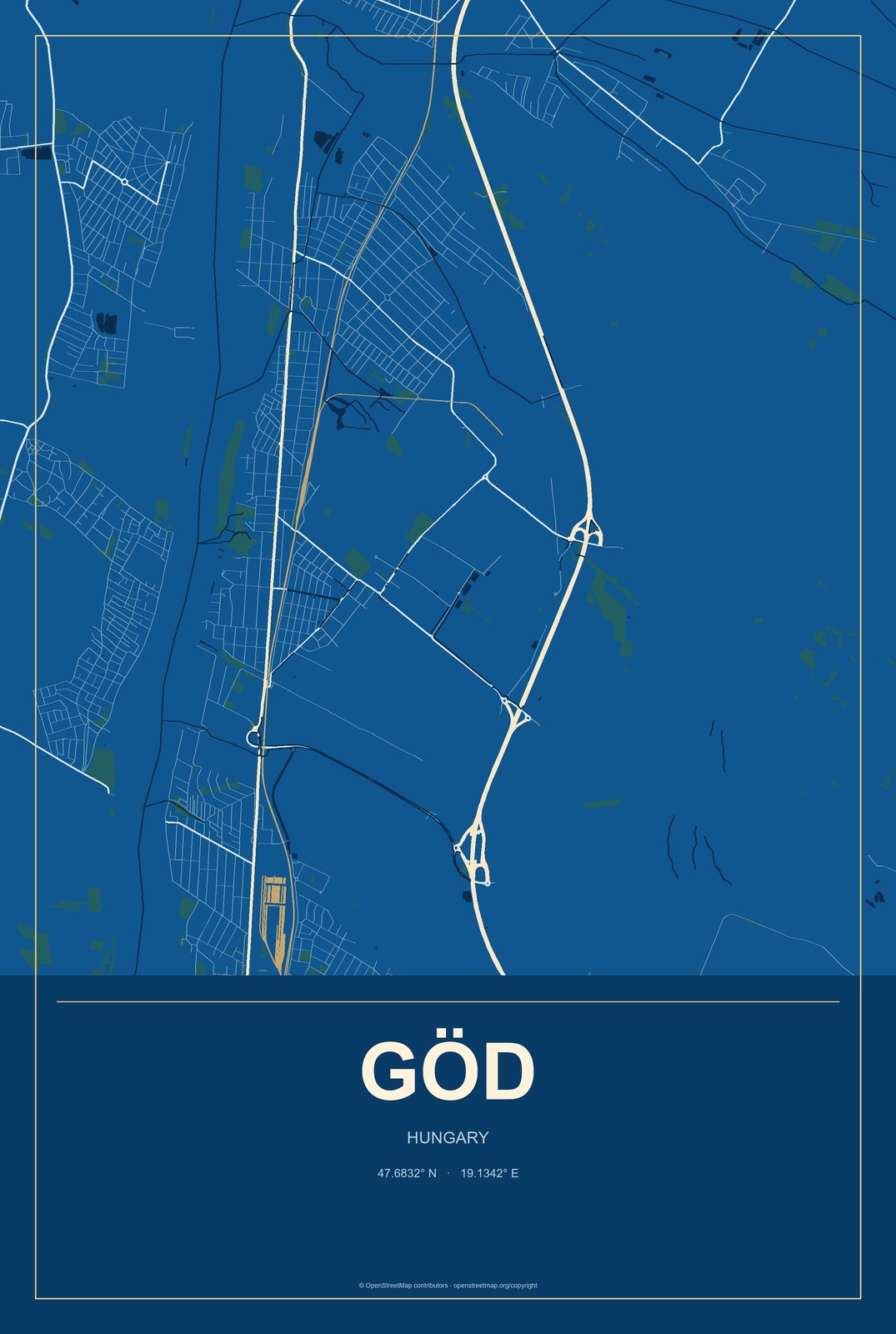 Göd, Hungary City Map Aluminum Sign in Harbor Cobalt style