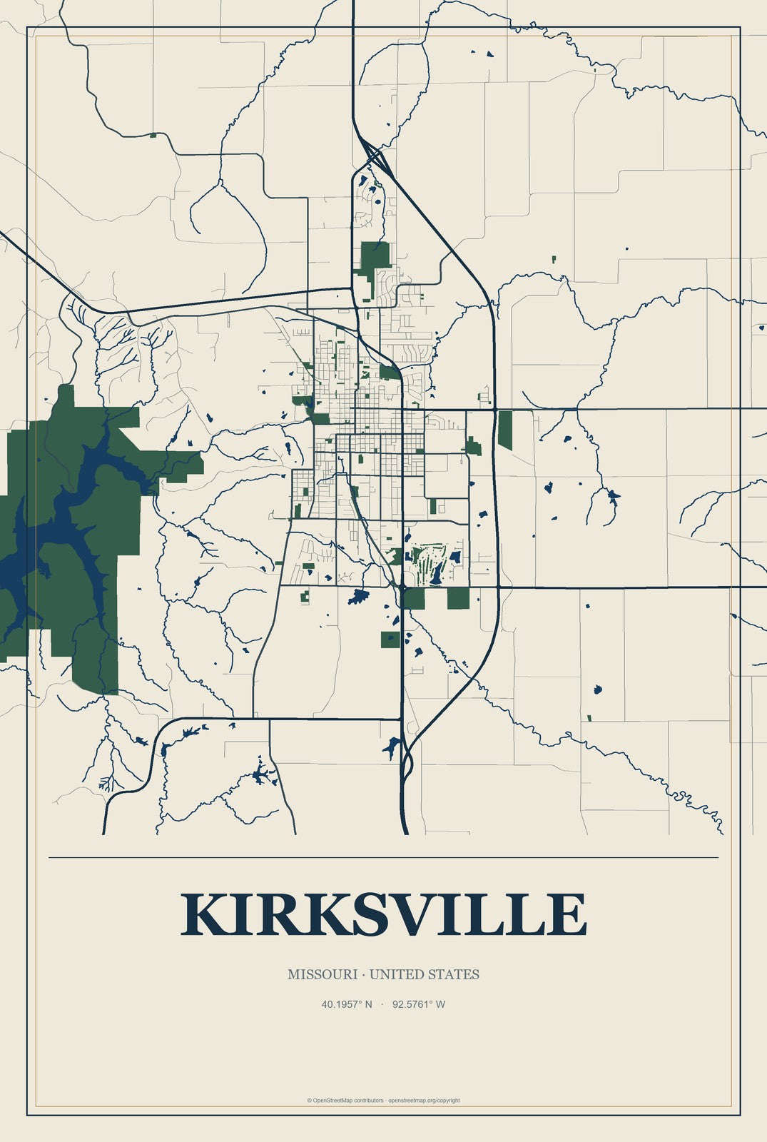 Kirksville, Missouri City Map Aluminum Sign in Coastal Cutout style