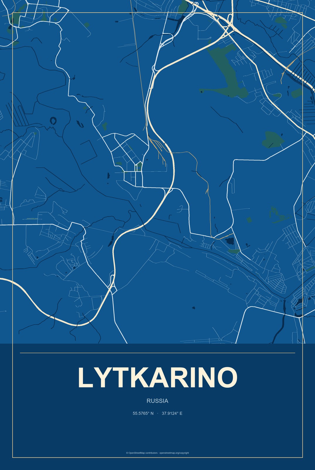 Lytkarino, Russia City Map Aluminum Sign in Harbor Cobalt style