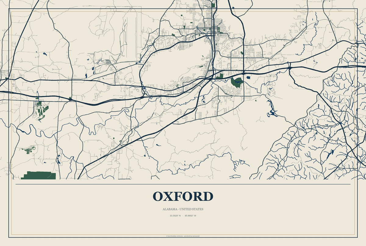 Oxford, Alabama City Map Aluminum Sign in Coastal Cutout style