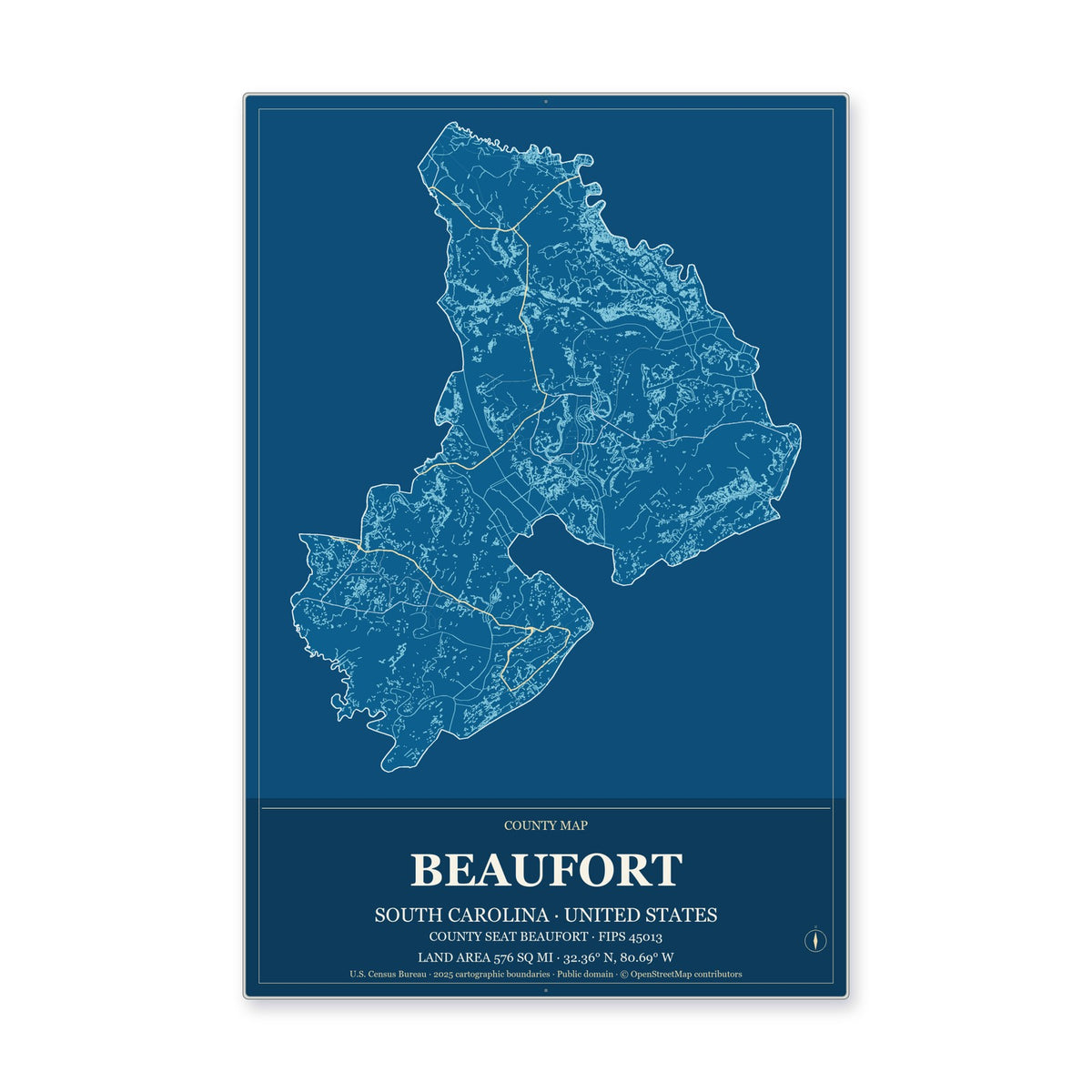 Beaufort County, South Carolina Map Aluminum Sign in Harbor Cobalt style
