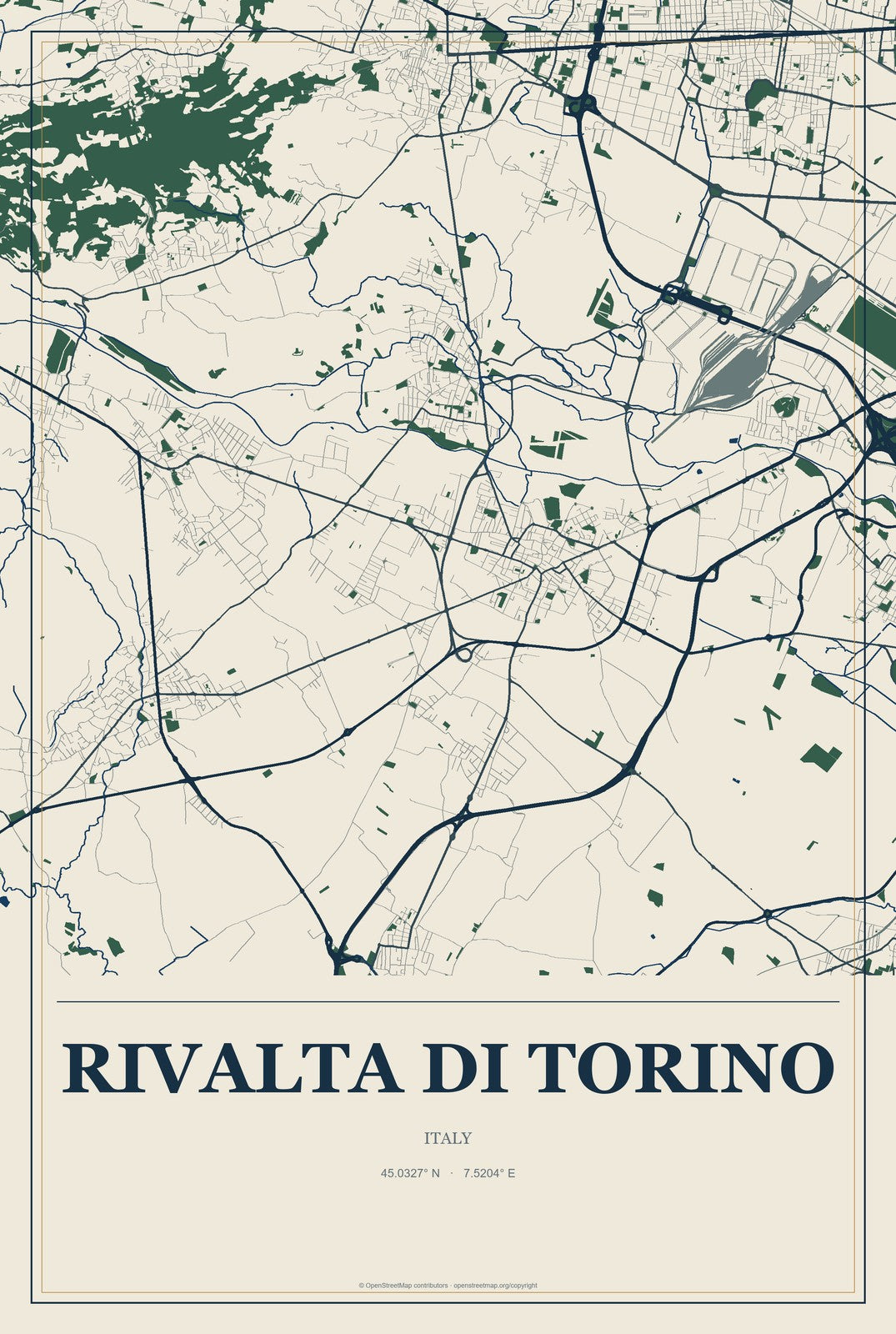Rivalta di Torino, Italy City Map Aluminum Sign in Coastal Cutout style