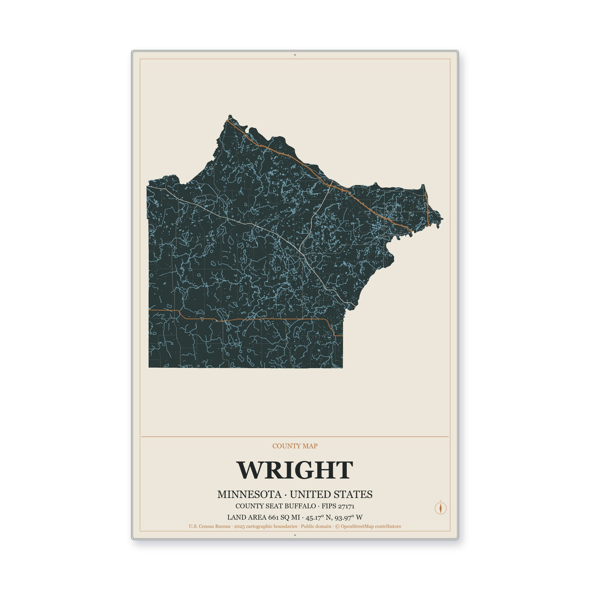 Wright County, Minnesota Map Aluminum Sign in Headline Atlas style