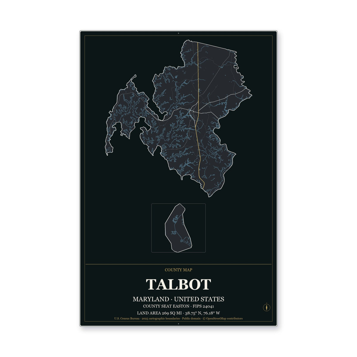 Talbot County, Maryland Map Aluminum Sign in Metropolitan Noir style
