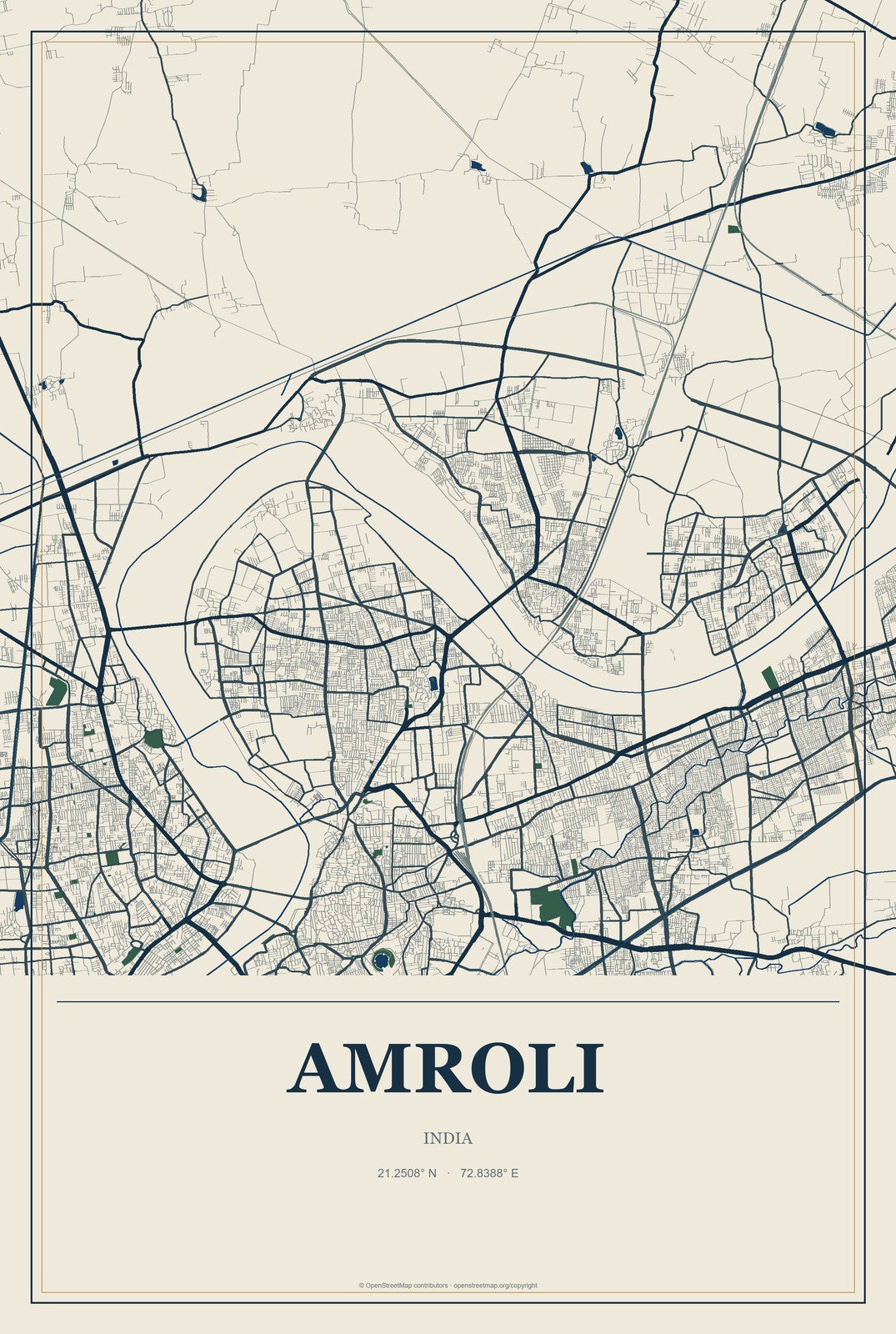 Amroli, India City Map Aluminum Sign in Coastal Cutout style