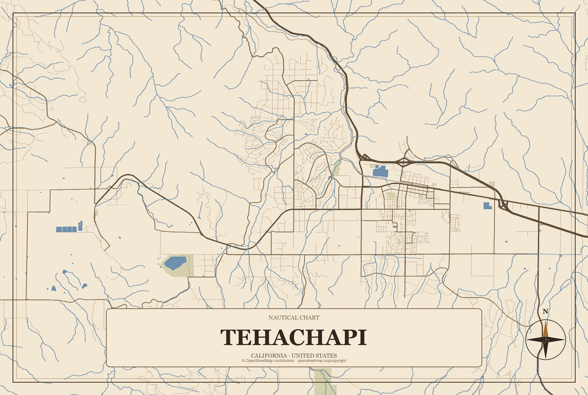 Tehachapi, California City Map Aluminum Sign in Heritage Nautical style
