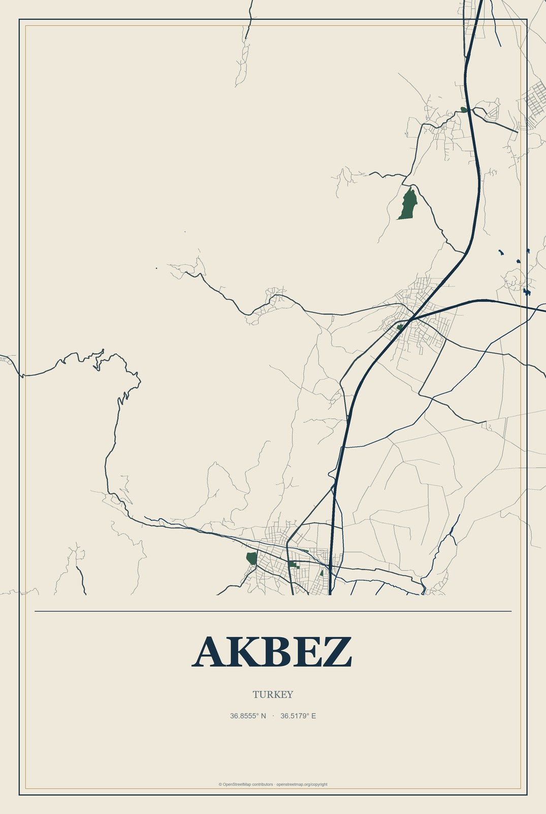 Akbez, Turkey City Map Aluminum Sign in Coastal Cutout style