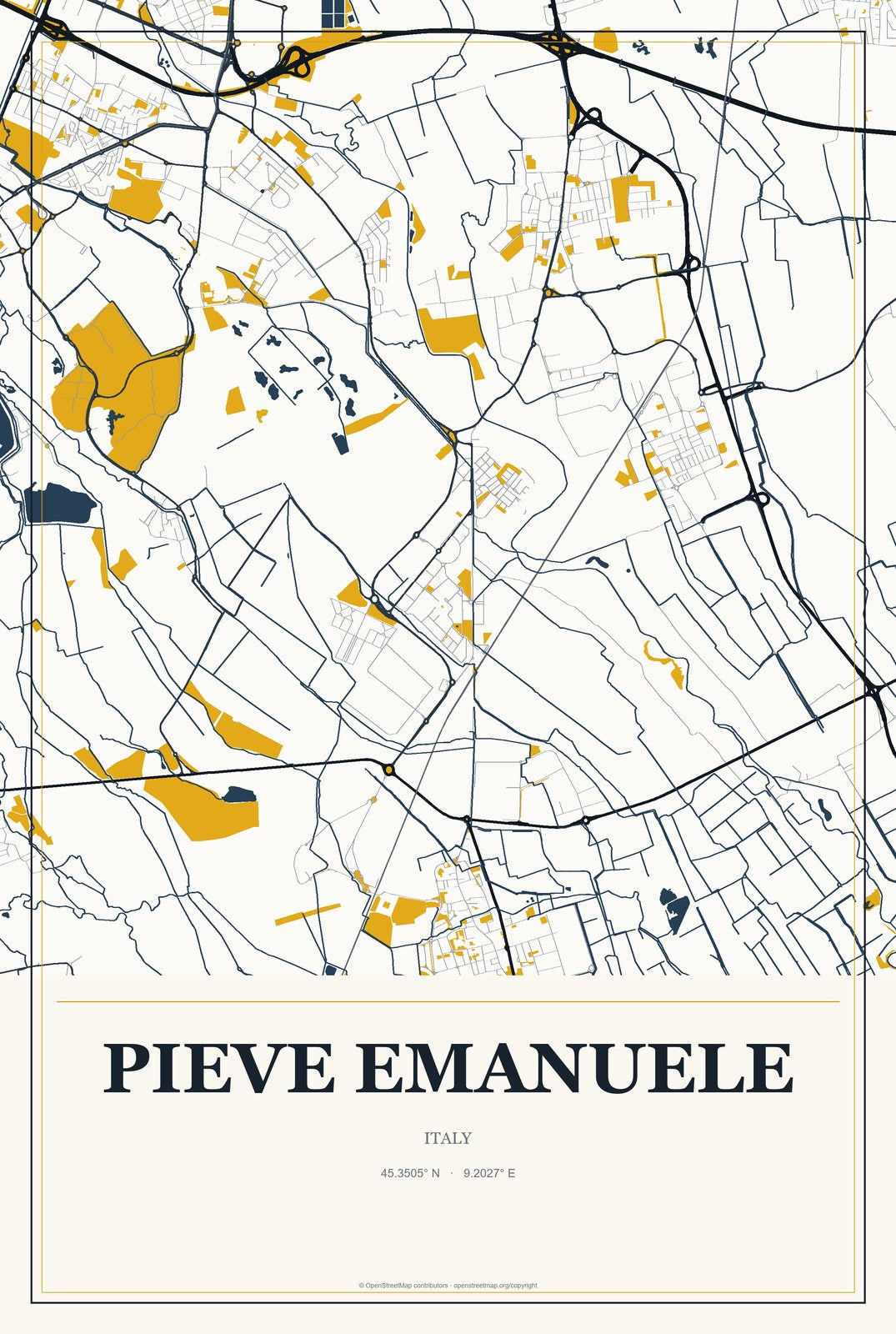 Pieve Emanuele, Italy City Map Aluminum Sign in Citrine Modern style