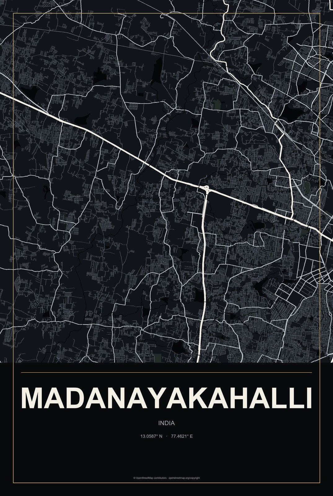 Madanayakahalli, India City Map Aluminum Sign in Metropolitan Noir style