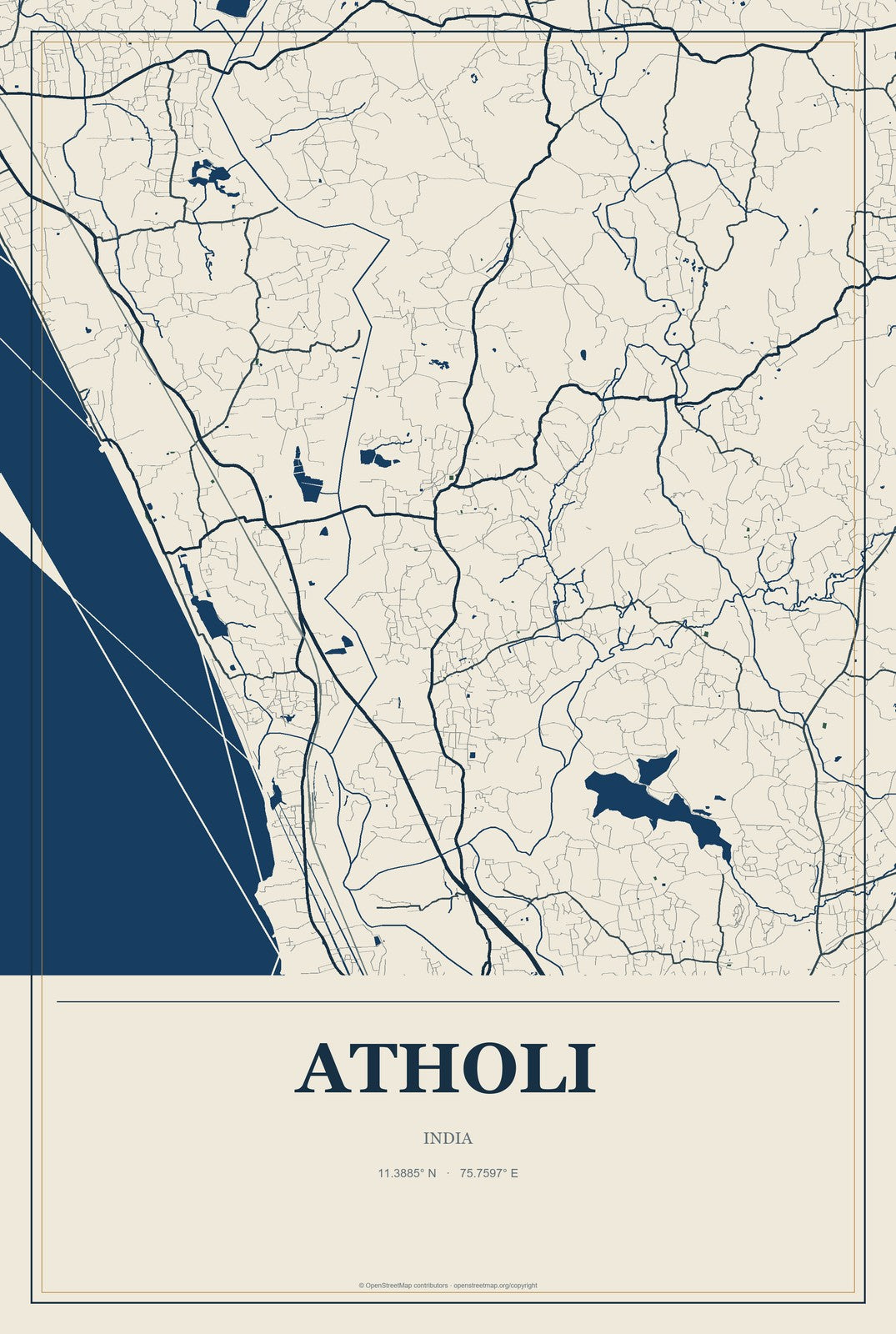 Atholi, India City Map Aluminum Sign in Coastal Cutout style