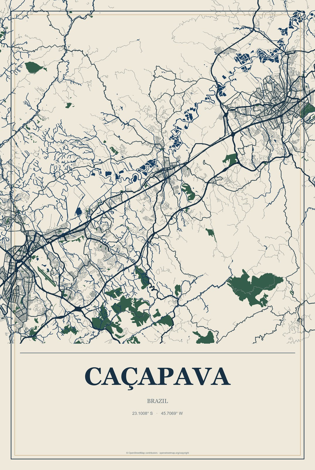 Caçapava, Brazil City Map Aluminum Sign in Coastal Cutout style