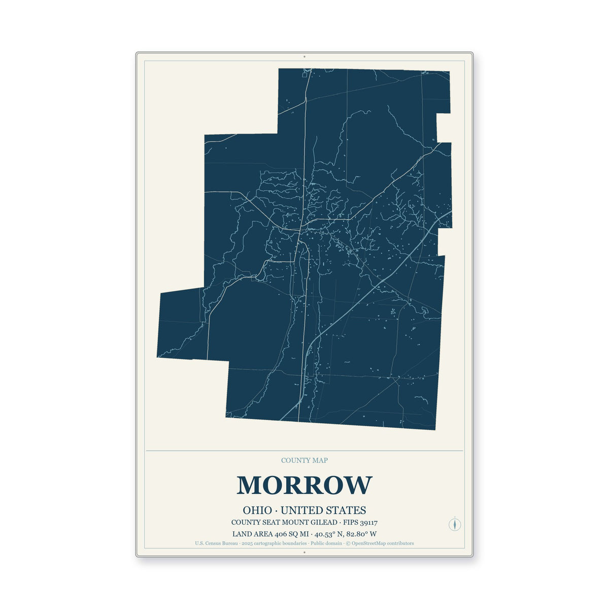 Morrow County, Ohio Map Aluminum Sign in Coastal Cutout style