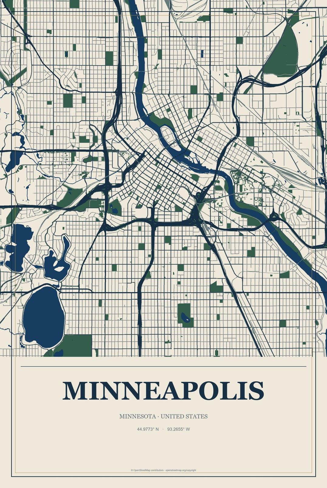 Minneapolis, Minnesota City Map Aluminum Sign in Coastal Cutout style