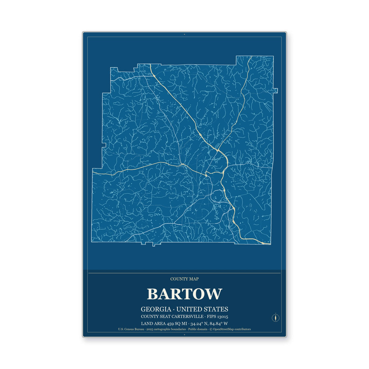 Bartow County, Georgia Map Aluminum Sign in Harbor Cobalt style