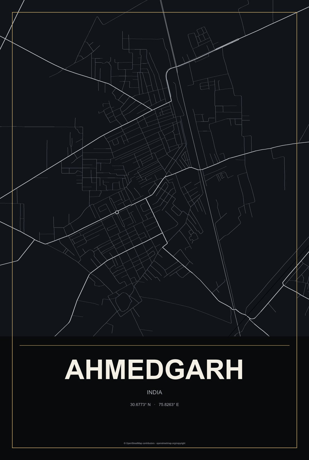 Ahmedgarh, India City Map Aluminum Sign in Metropolitan Noir style