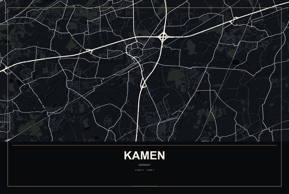 Kamen, Germany City Map Aluminum Sign in Metropolitan Noir style