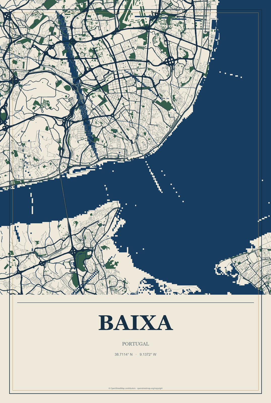 Baixa, Portugal City Map Aluminum Sign in Coastal Cutout style