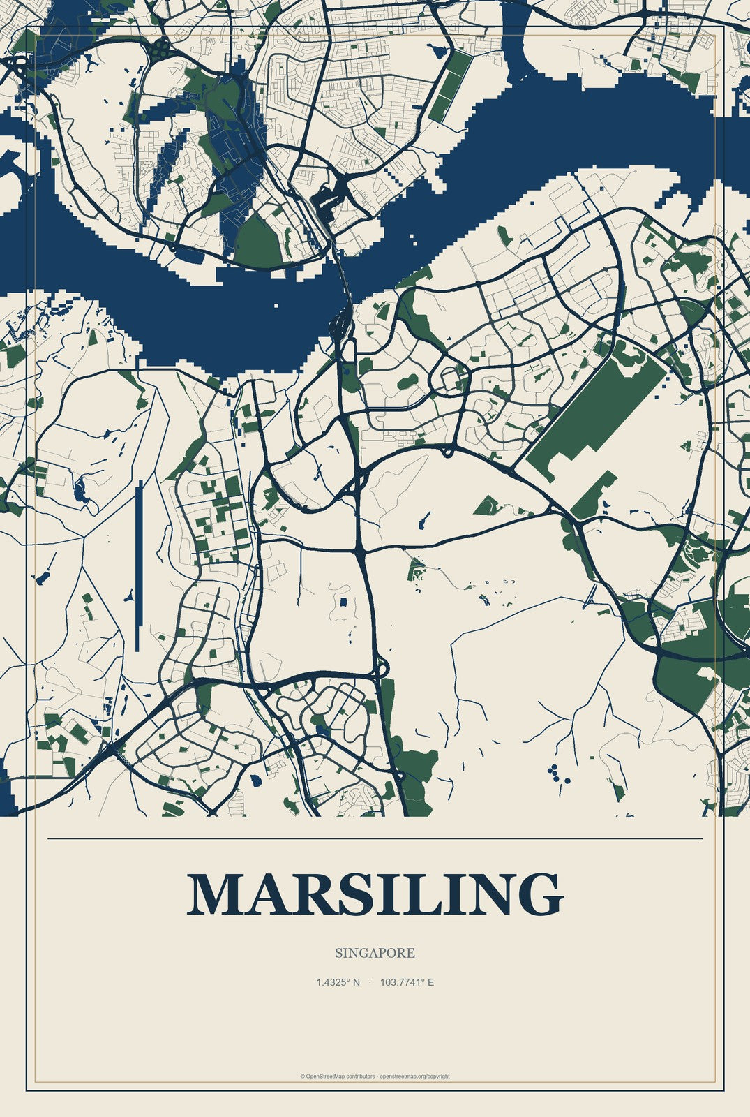 Marsiling, Singapore City Map Aluminum Sign in Coastal Cutout style