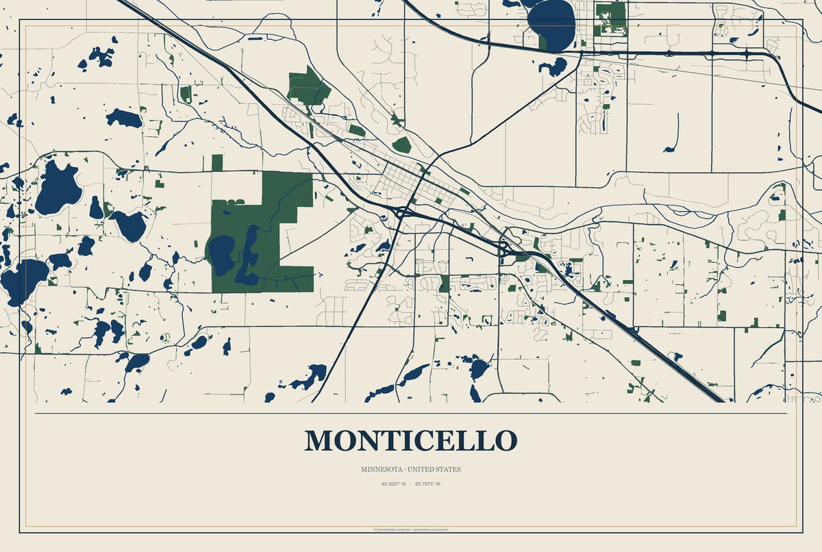 Monticello, Minnesota City Map Aluminum Sign in Coastal Cutout style