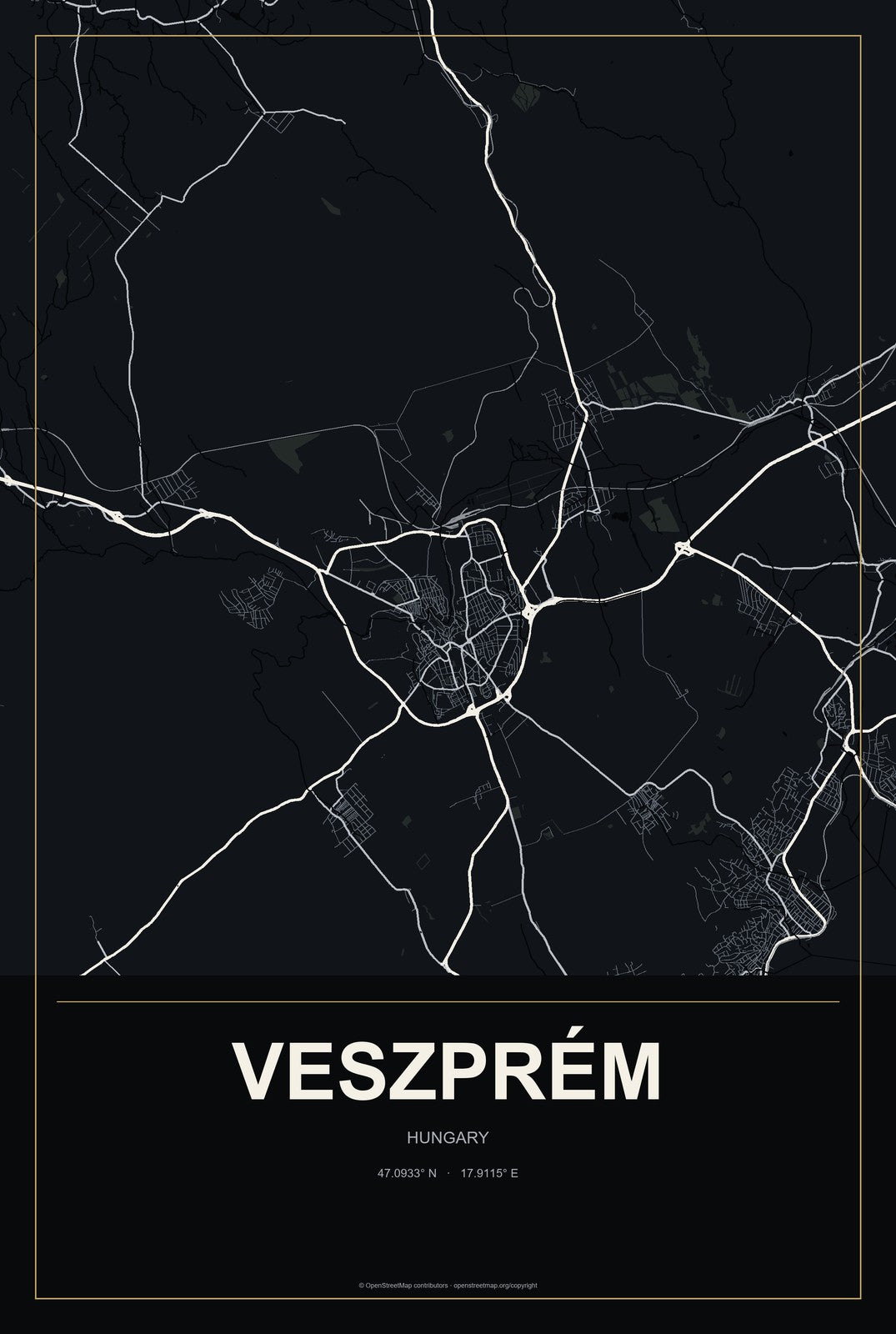 Veszprém, Hungary City Map Aluminum Sign in Metropolitan Noir style