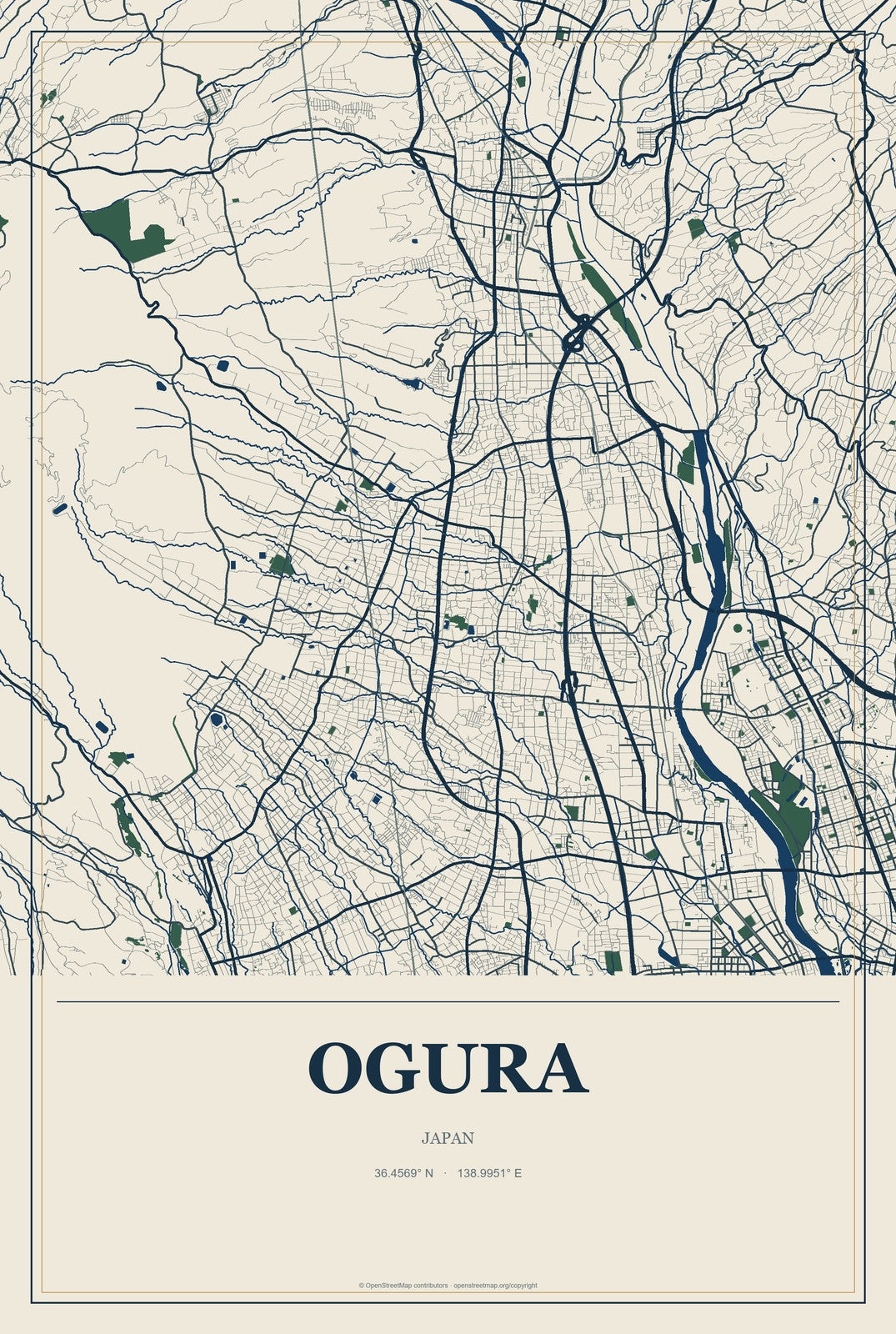 Ogura, Japan City Map Aluminum Sign in Coastal Cutout style