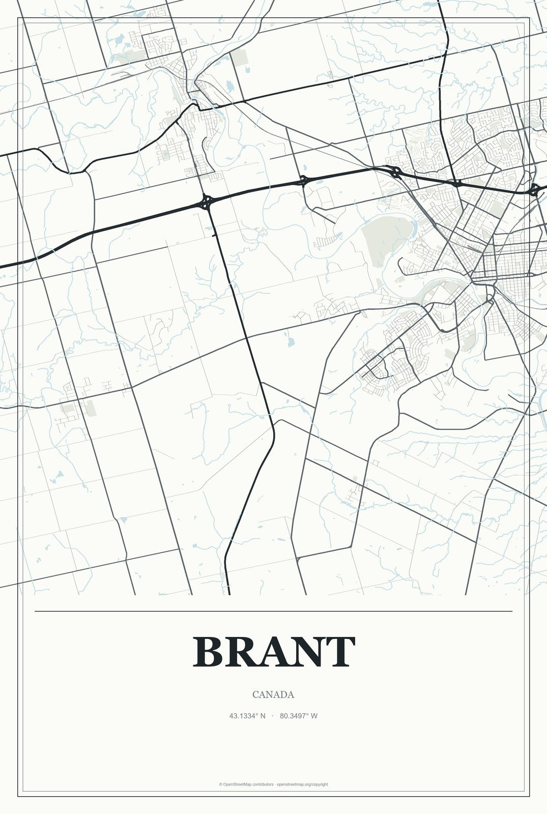 Brant, Canada City Map Aluminum Sign in Gallery Air style