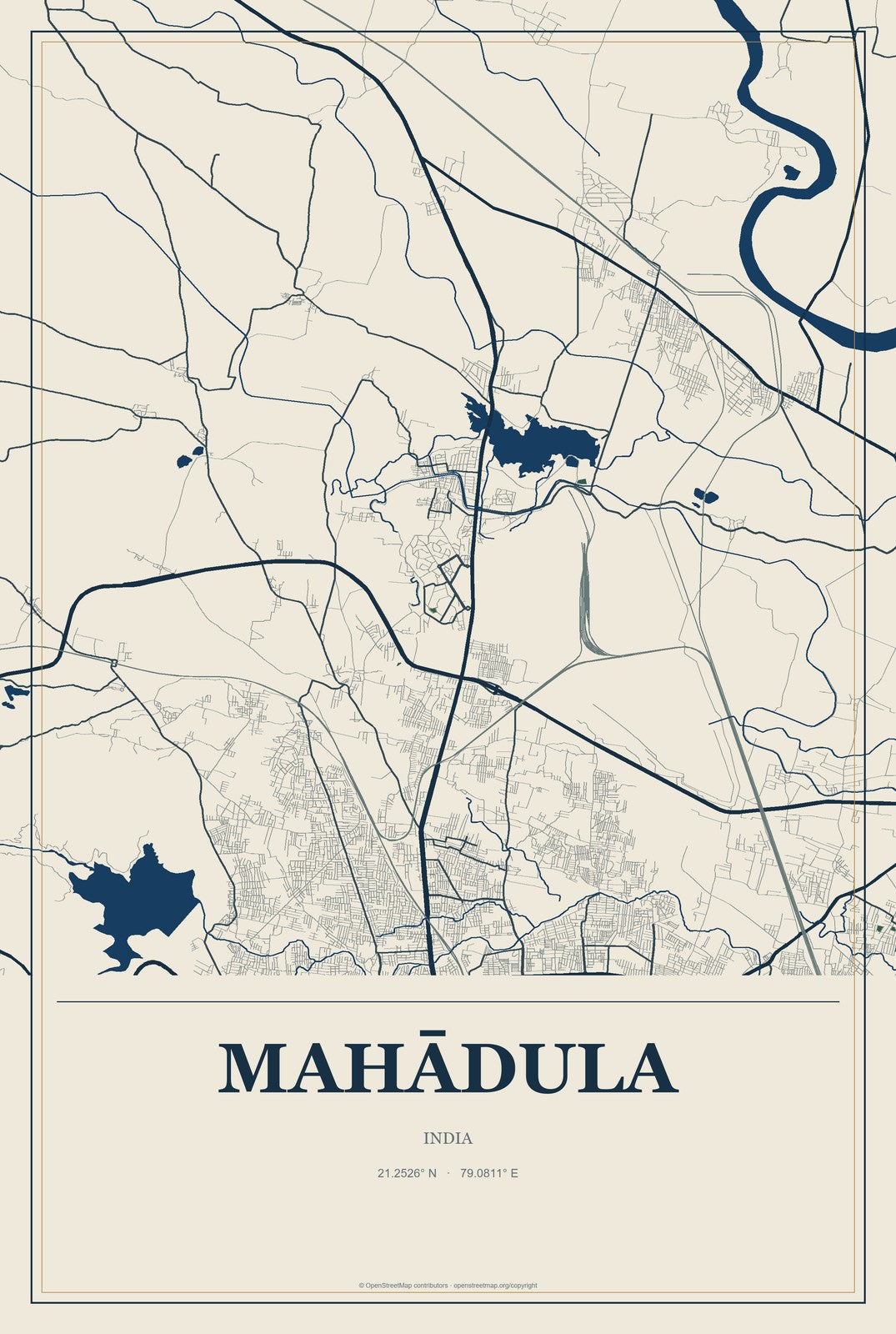 Mahādula, India City Map Aluminum Sign in Coastal Cutout style