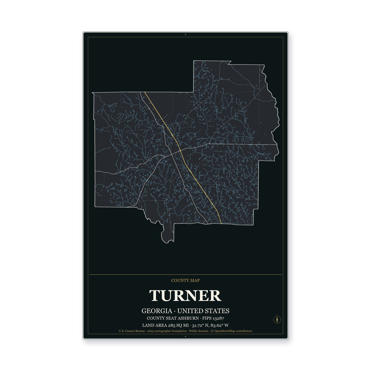 Turner County, Georgia Map Aluminum Sign in Metropolitan Noir style