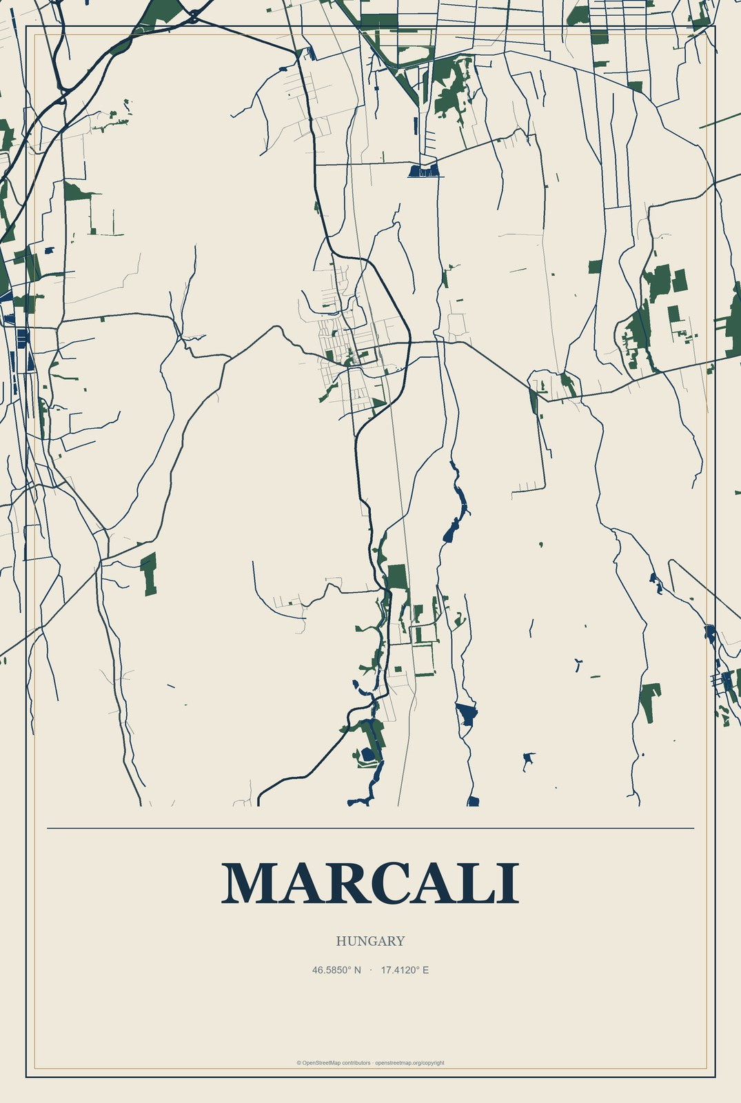 Marcali, Hungary City Map Aluminum Sign in Coastal Cutout style