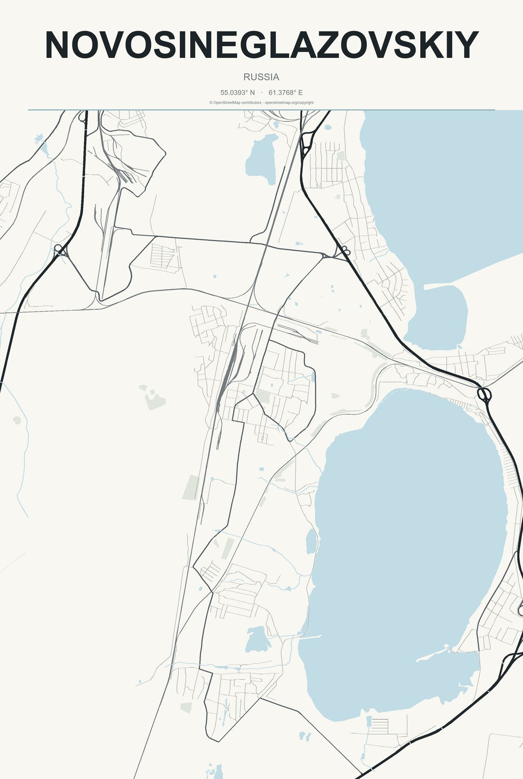 Novosineglazovskiy, Russia City Map Aluminum Sign in Headline Atlas style