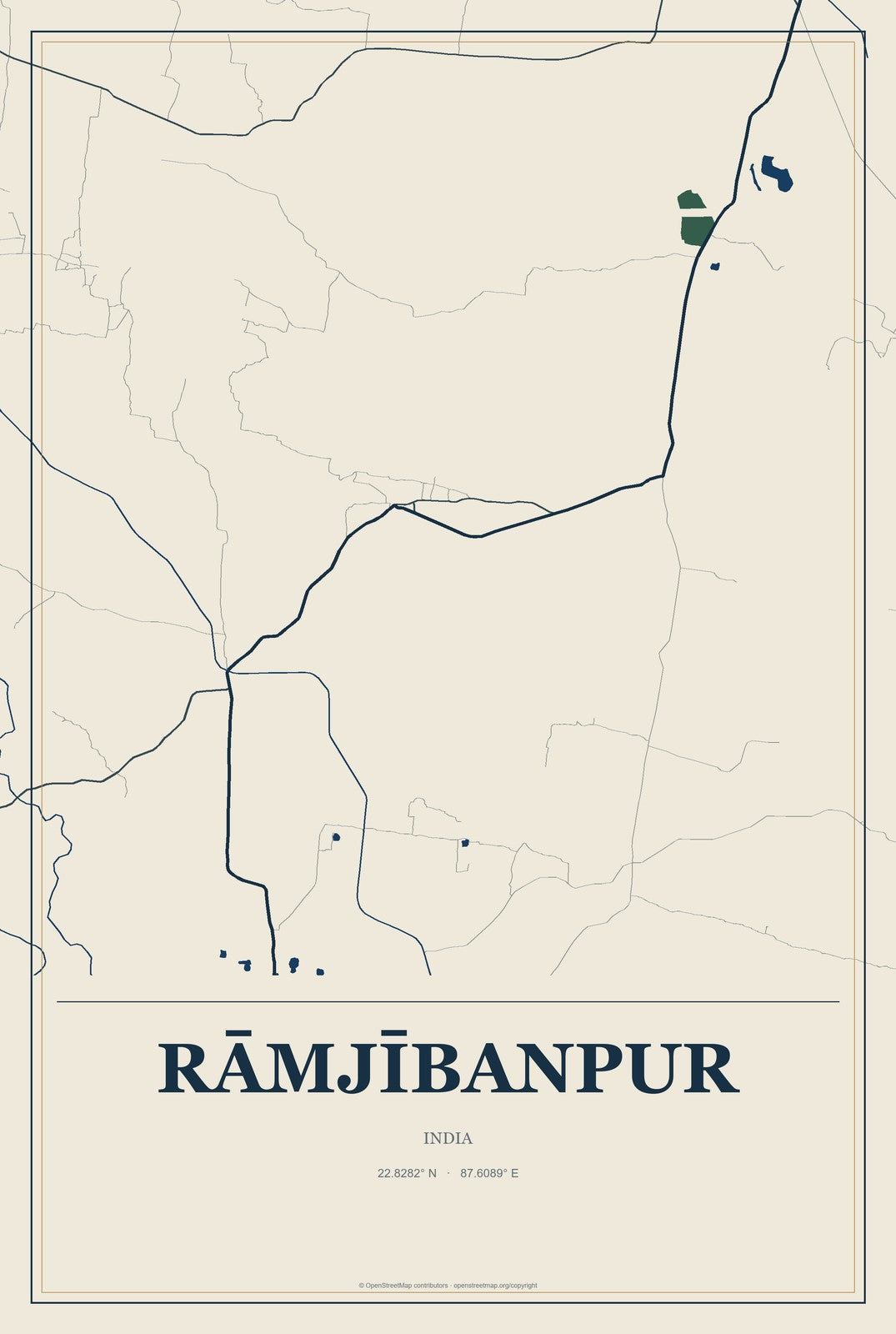 Rāmjībanpur, India City Map Aluminum Sign in Coastal Cutout style