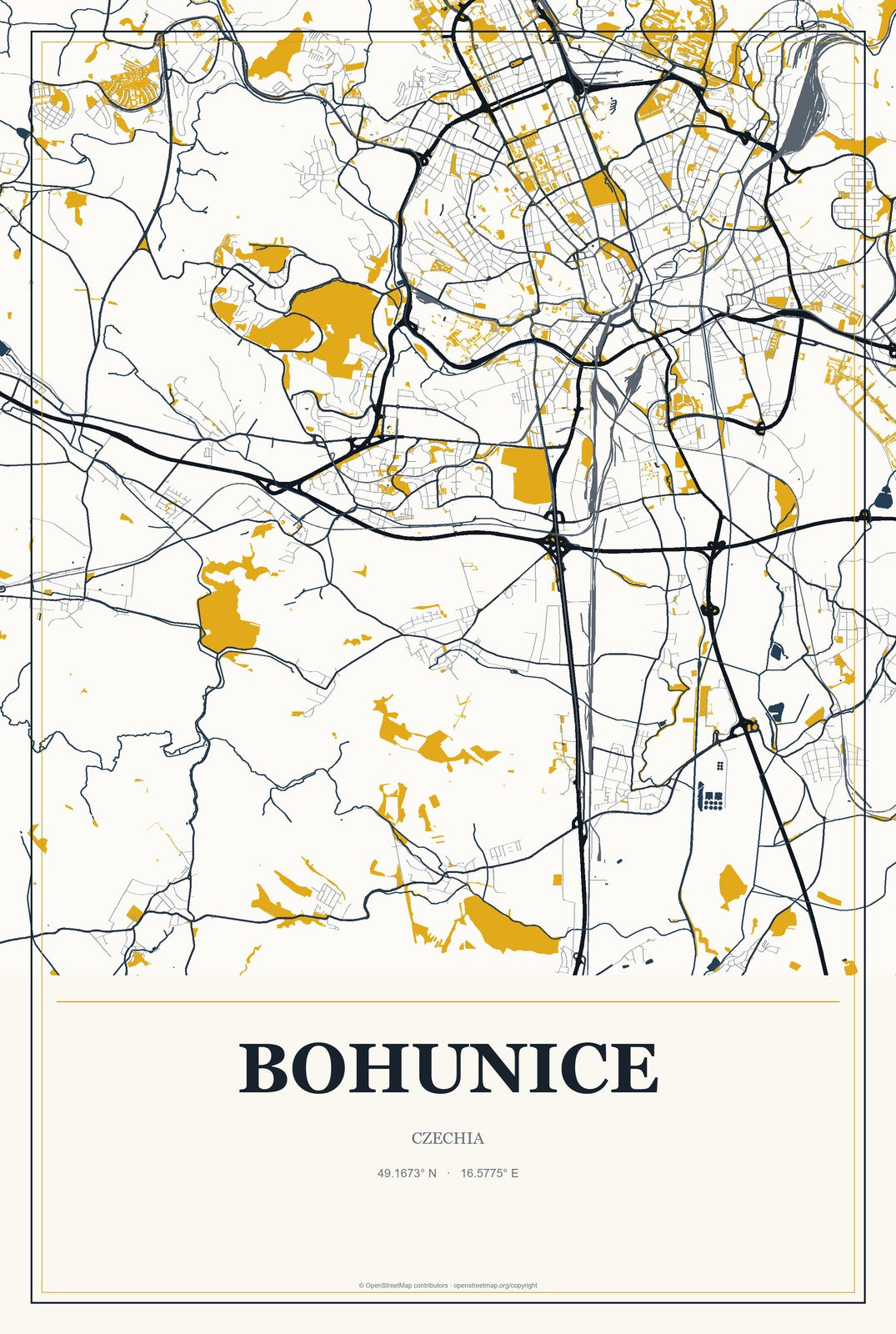 Bohunice, Czechia City Map Aluminum Sign in Citrine Modern style