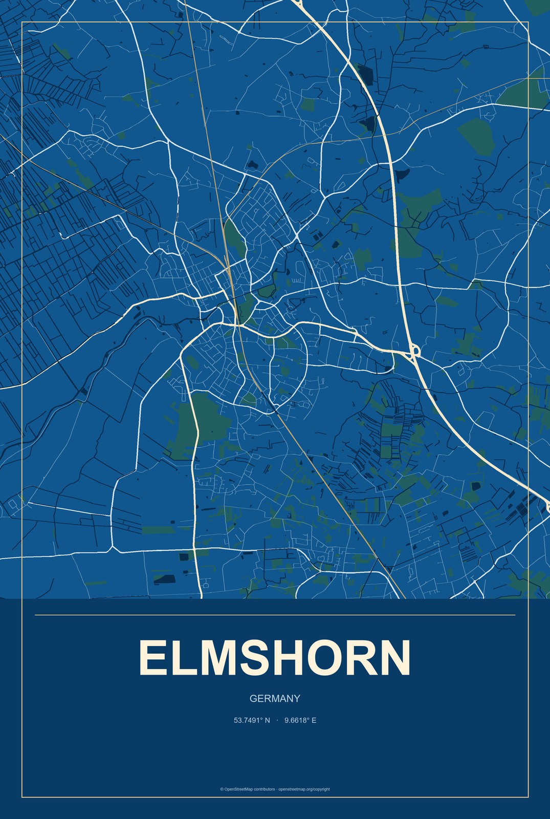 Elmshorn, Germany City Map Aluminum Sign in Harbor Cobalt style