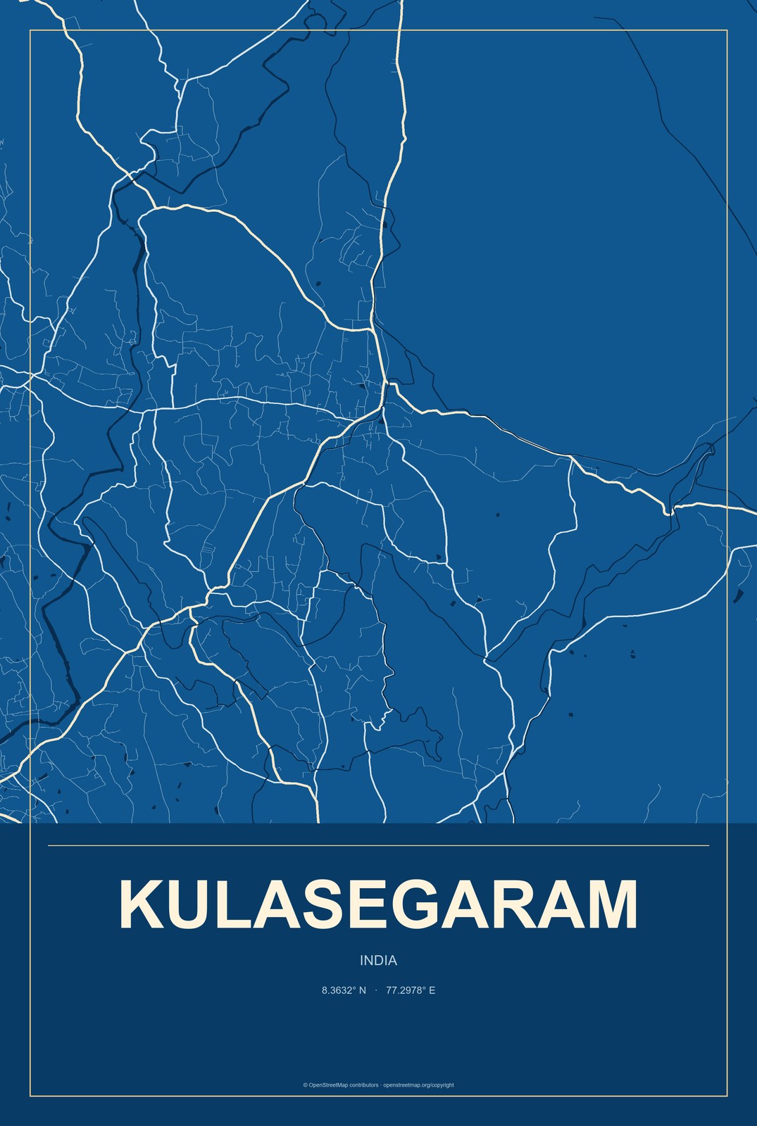 Kulasegaram, India City Map Aluminum Sign in Harbor Cobalt style