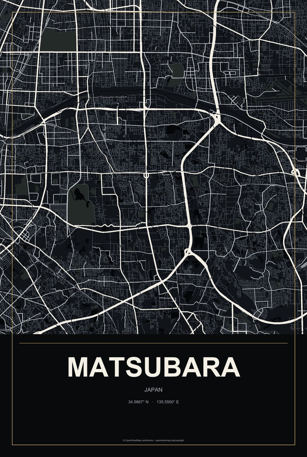 Matsubara, Japan City Map Aluminum Sign in Metropolitan Noir style