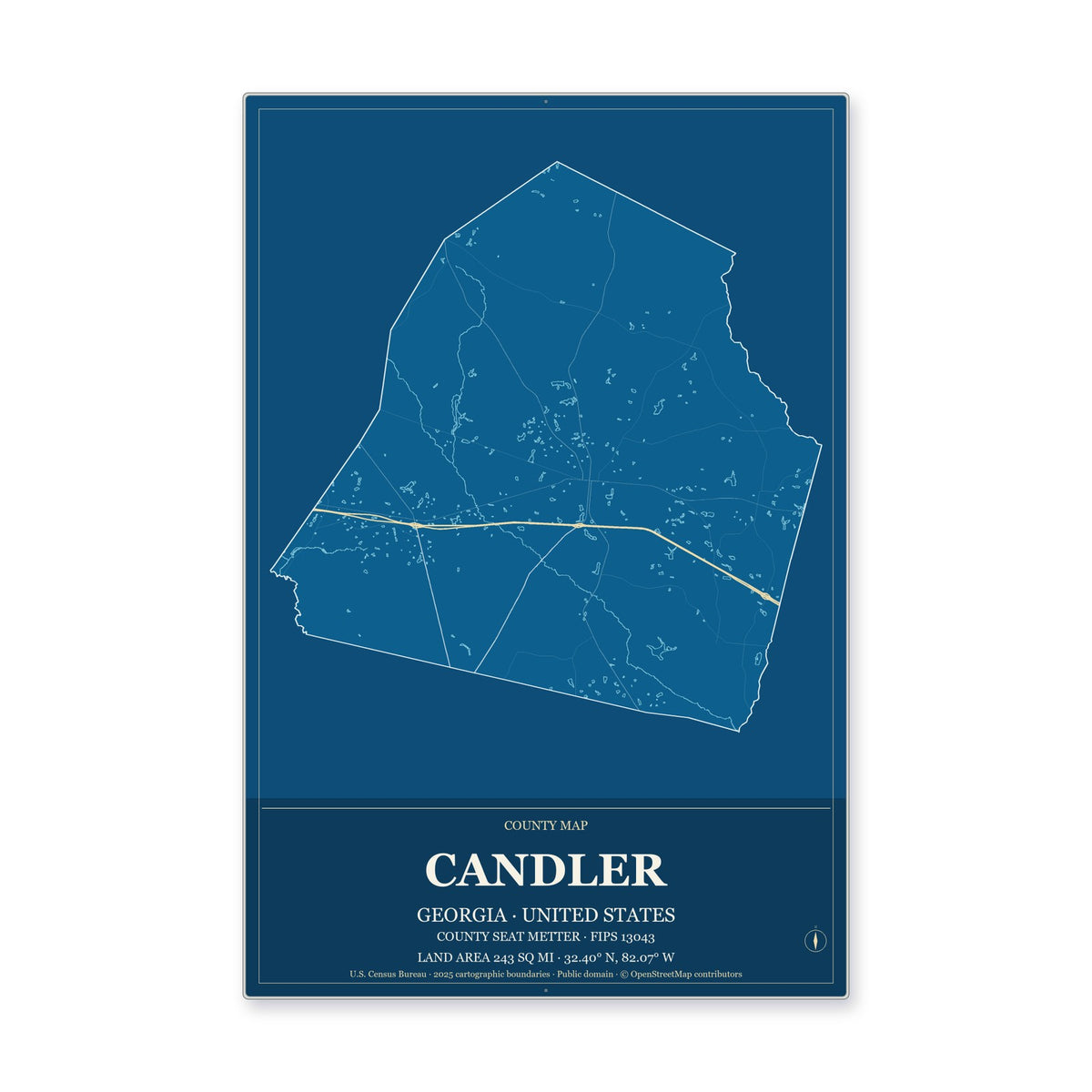 Candler County, Georgia Map Aluminum Sign in Harbor Cobalt style