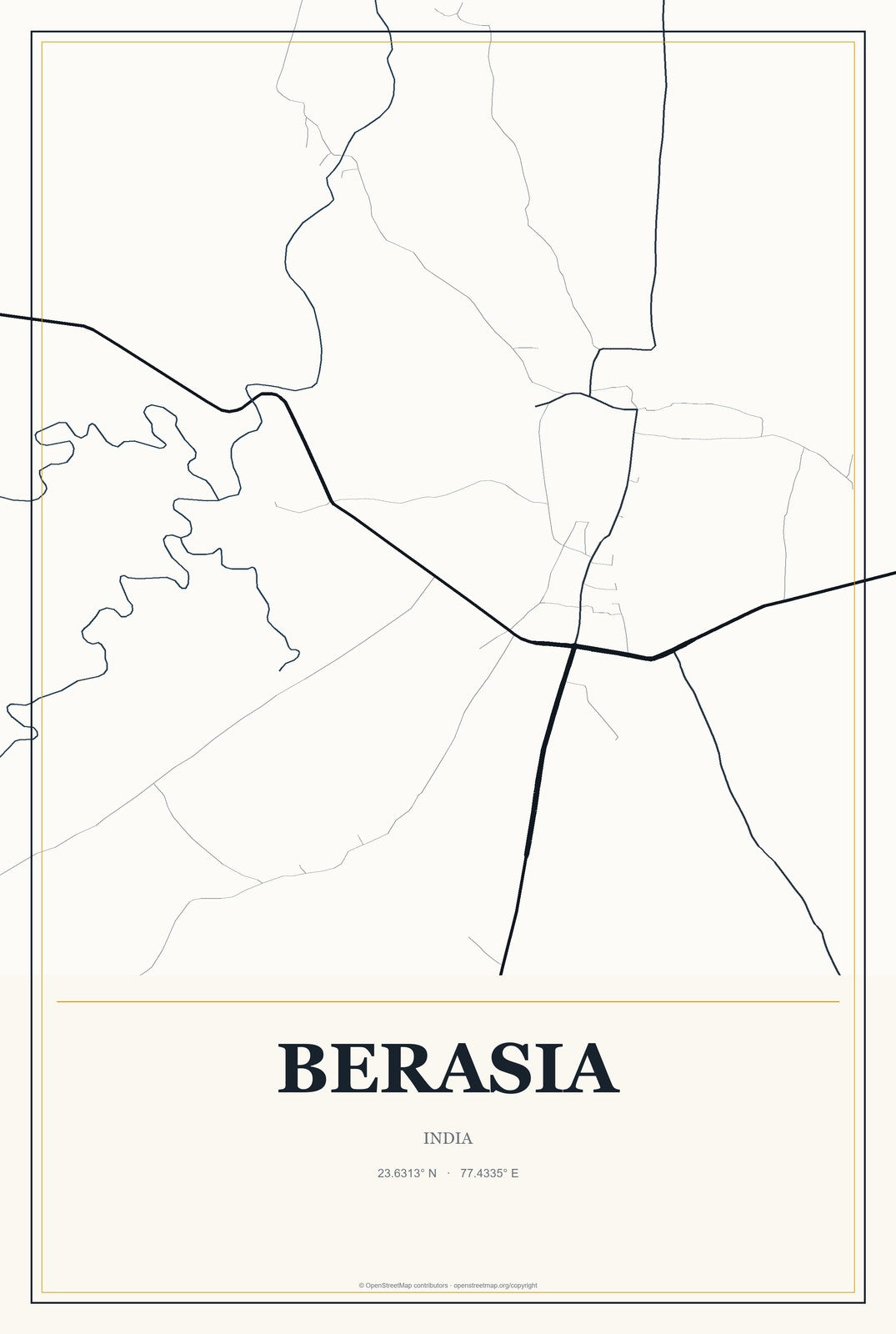 Berasia, India City Map Aluminum Sign in Citrine Modern style