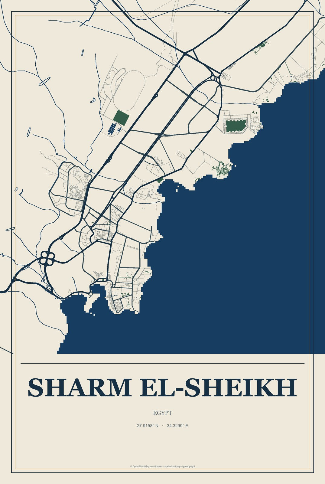 Sharm el-Sheikh, Egypt City Map Aluminum Sign in Coastal Cutout style