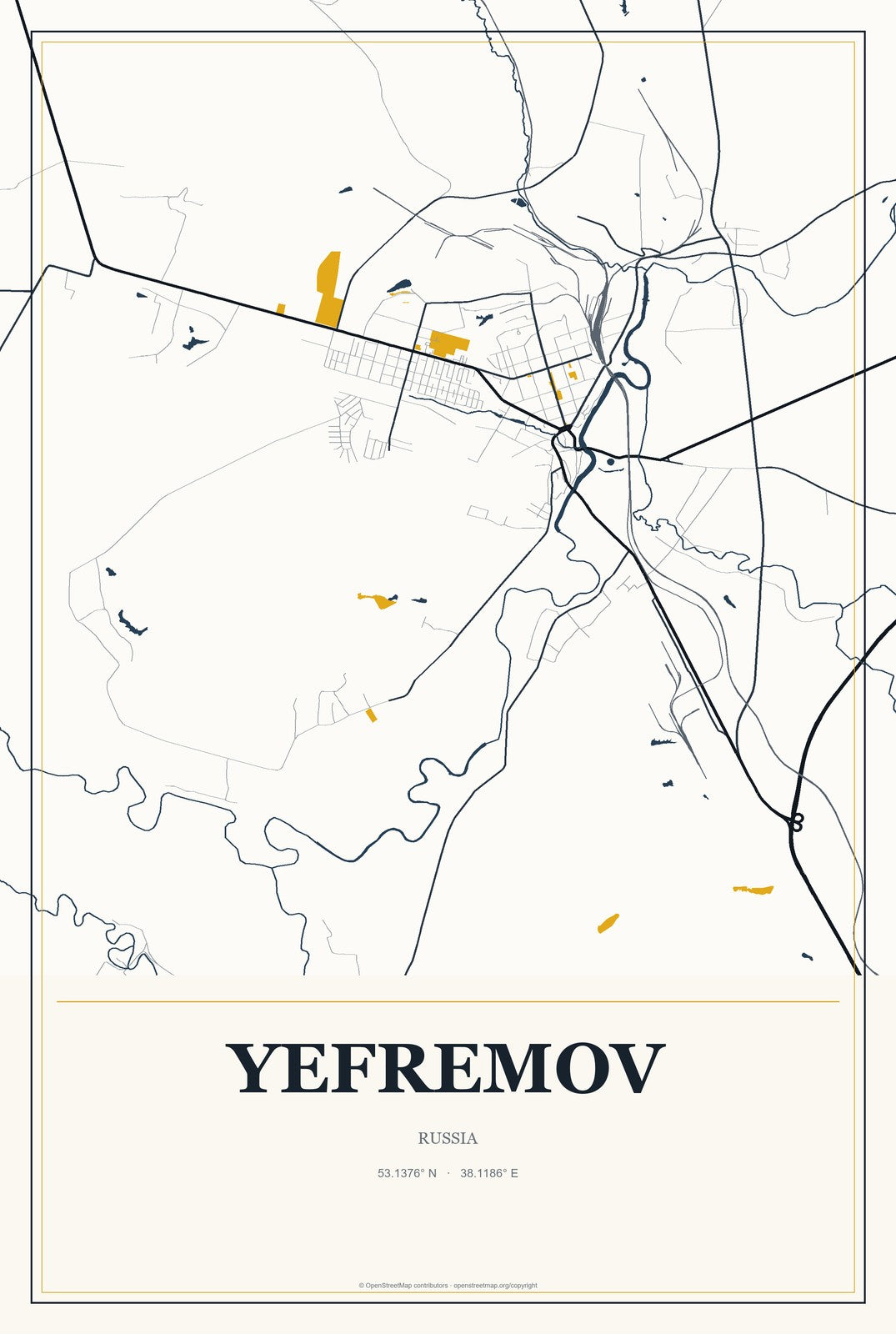 Yefremov, Russia City Map Aluminum Sign in Citrine Modern style
