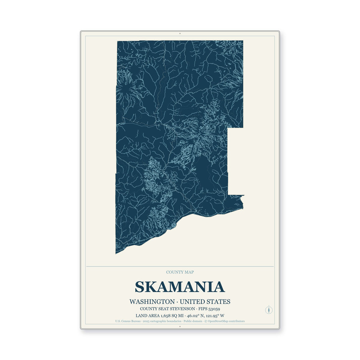 Skamania County, Washington Map Aluminum Sign in Coastal Cutout style