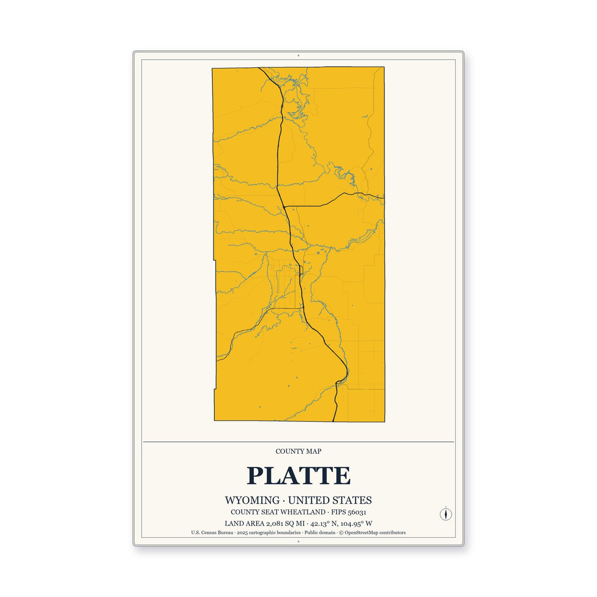 Platte County, Wyoming Map Aluminum Sign in Citrine Modern style