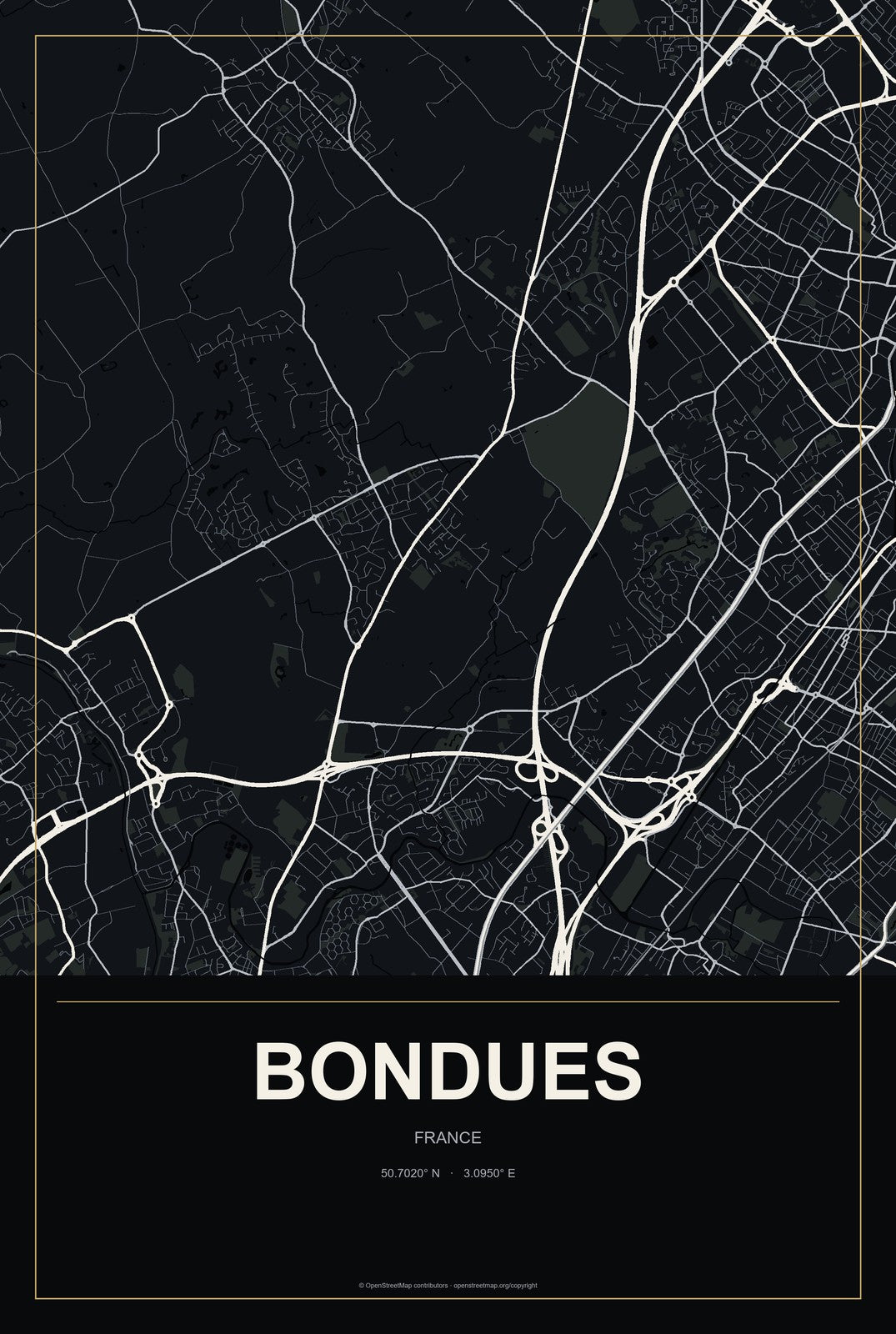Bondues, France City Map Aluminum Sign in Metropolitan Noir style