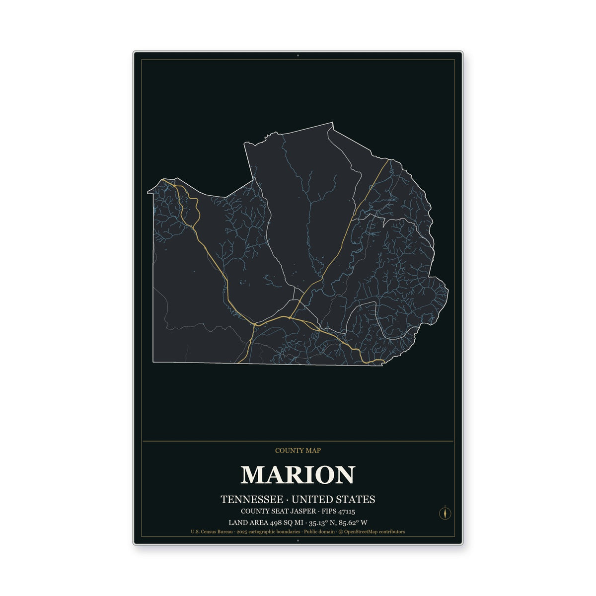 Marion County, Tennessee Map Aluminum Sign in Metropolitan Noir style