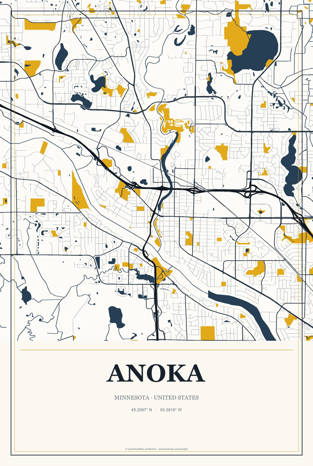 Anoka, Minnesota City Map Aluminum Sign in Citrine Modern style
