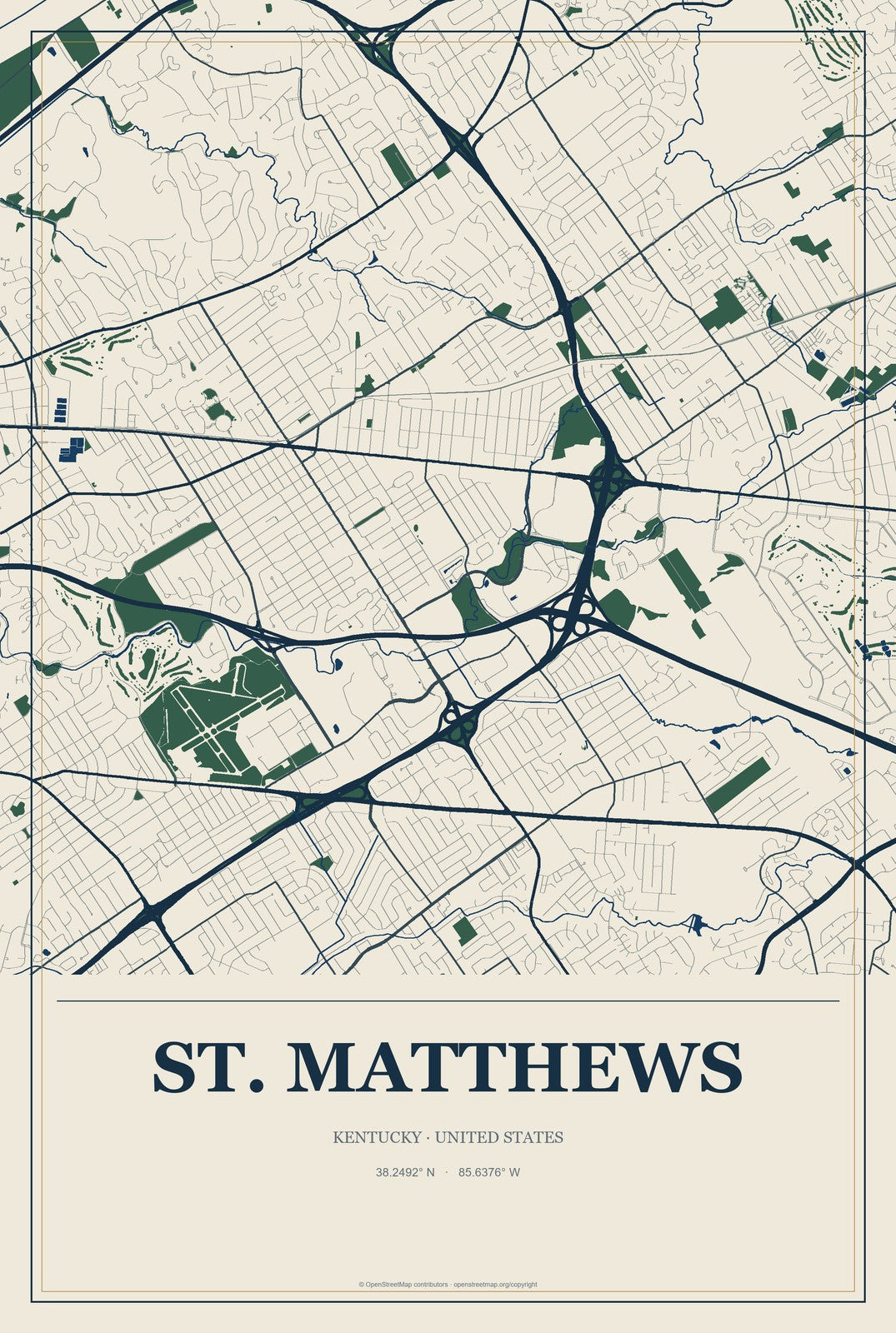 St. Matthews, Kentucky City Map Aluminum Sign in Coastal Cutout style