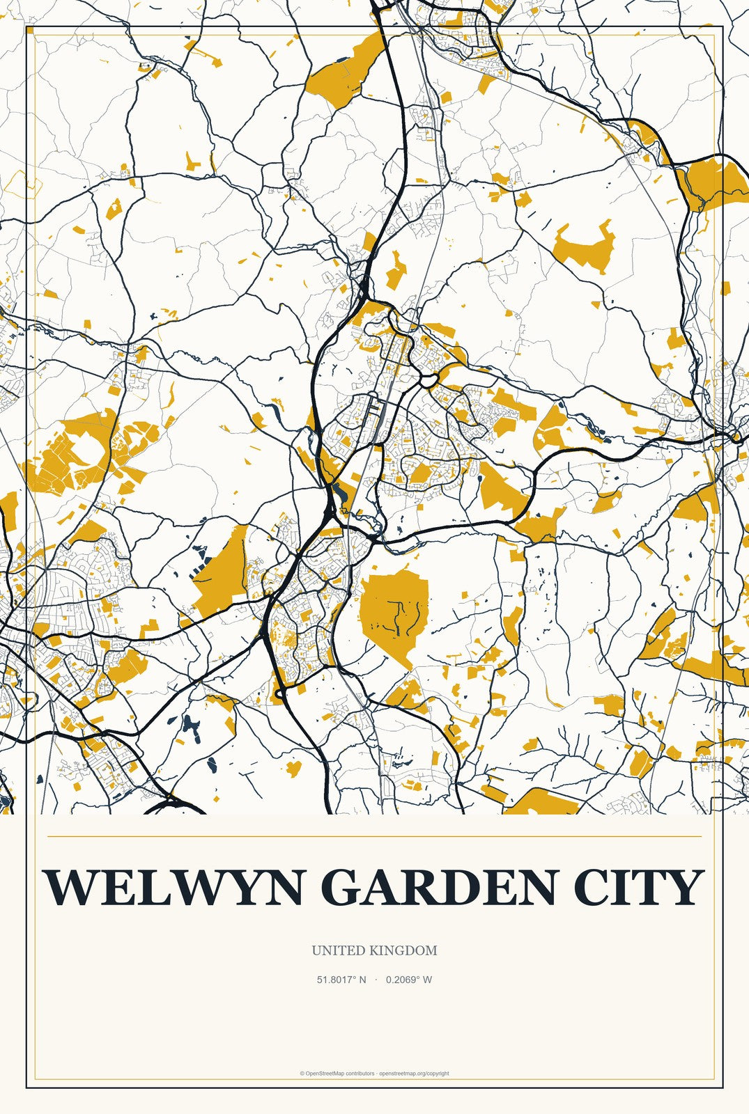 Welwyn Garden City, United Kingdom City Map Aluminum Sign in Citrine Modern style